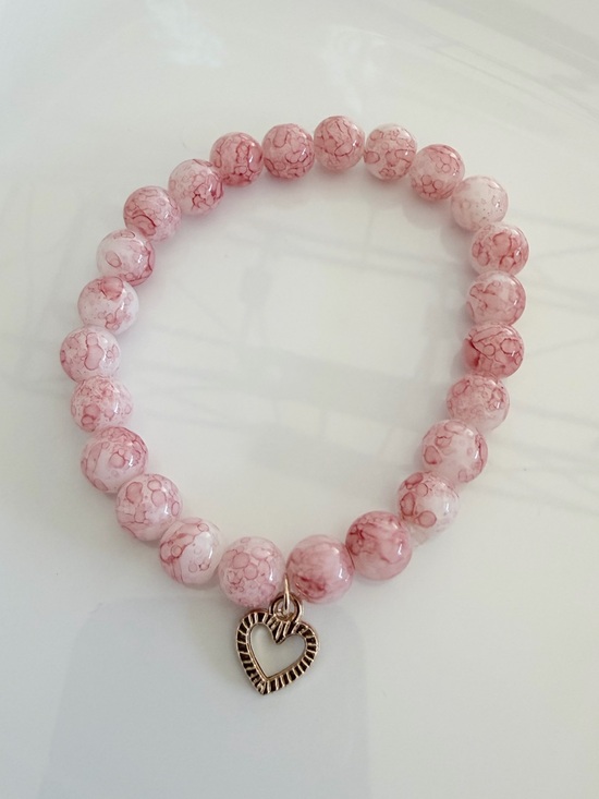 Handmade Jewelry - Pink Beaded Stretch Bracelet with Heart Charm Romantic Coquette Jewelry